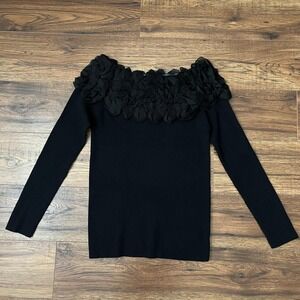 Vintage 90s Black Ribbed Off Shoulder Sweater Ruffle Flower Women Medium Fairy